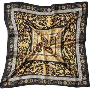 Women Black Yellow Headscarf Satin Bandana Pattern Polyester Breathable Scarves
